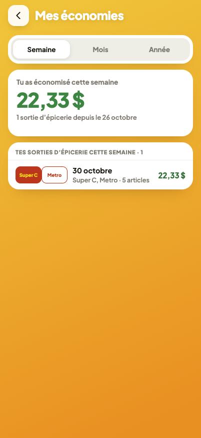 L’écran Mes économies de l’app