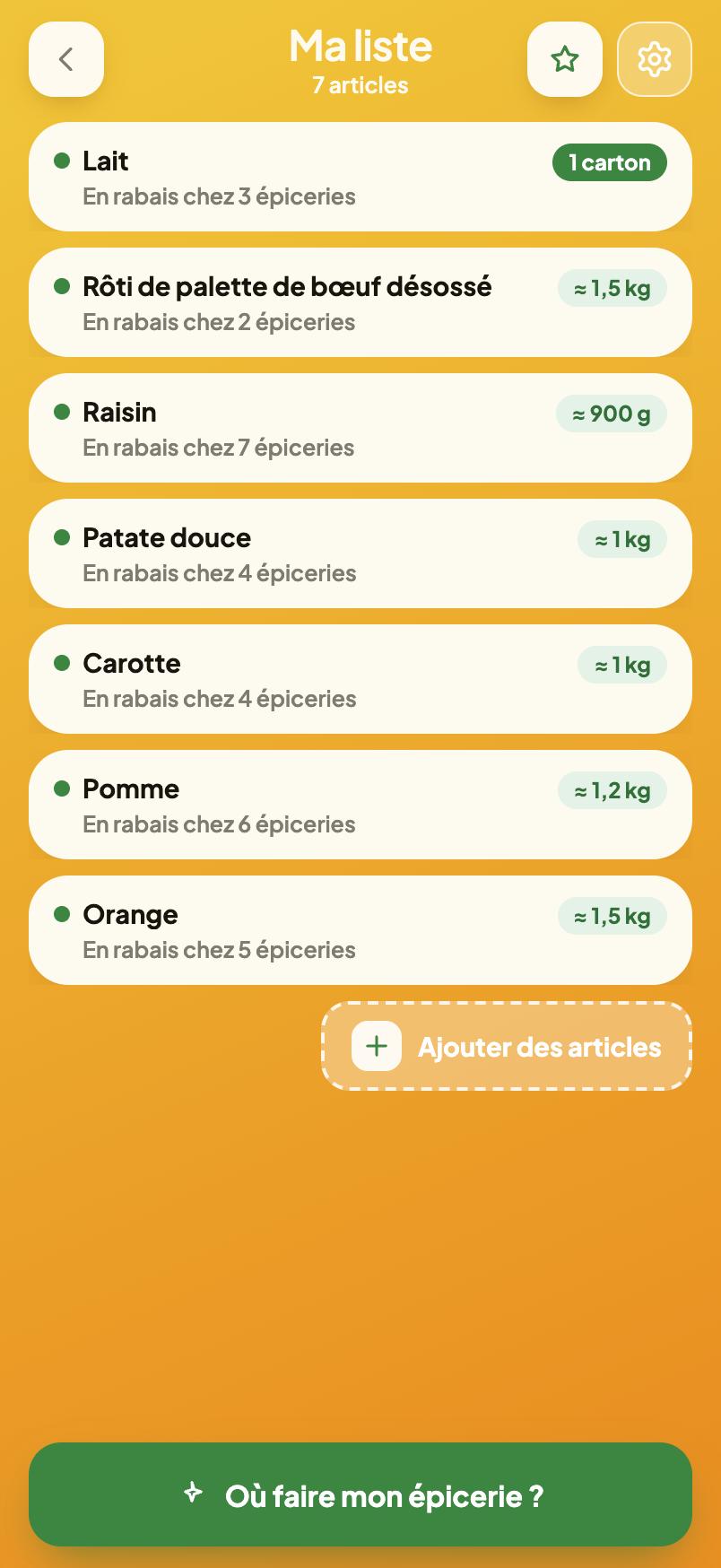 L’écran Ma liste de l’app